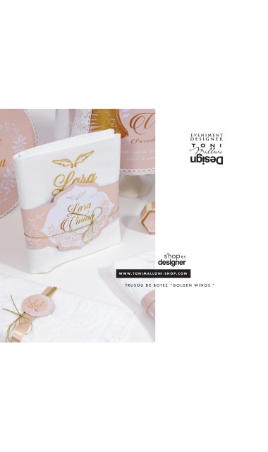 Trusou de botez gold cu ingeras pentru fetite cu broderie personalizata, Gold Wings 8